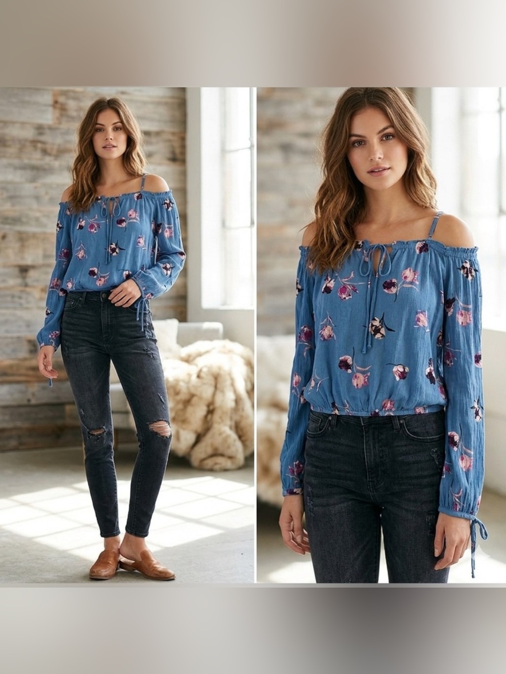 La Hearts Blue Floral Off-Shoulder Peasant Top